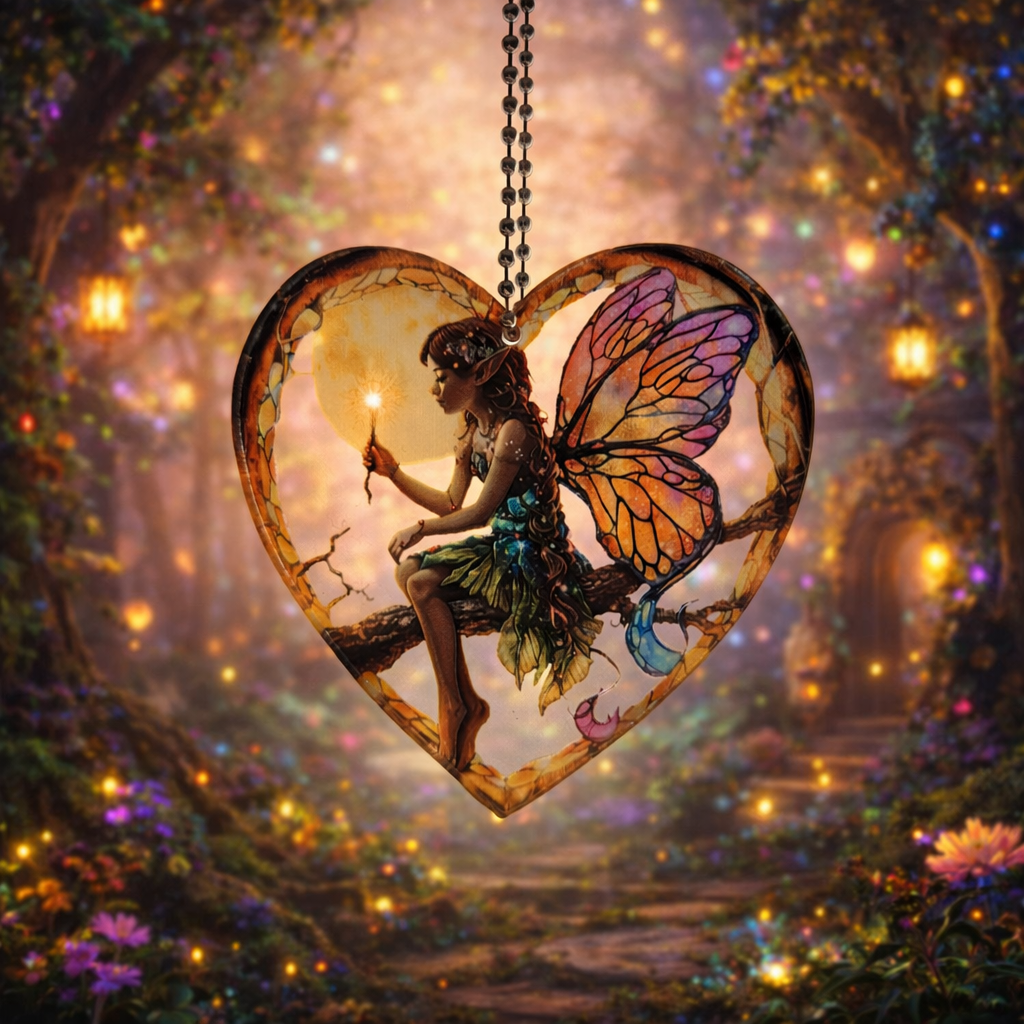Elf Fairy With Butterfly Wings Stained Glass Effect Heart Shaped Mini Suncatcher Window Hanging Décor