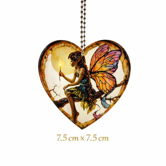 Elf Fairy With Butterfly Wings Stained Glass Effect Heart Shaped Mini Suncatcher Window Hanging Décor