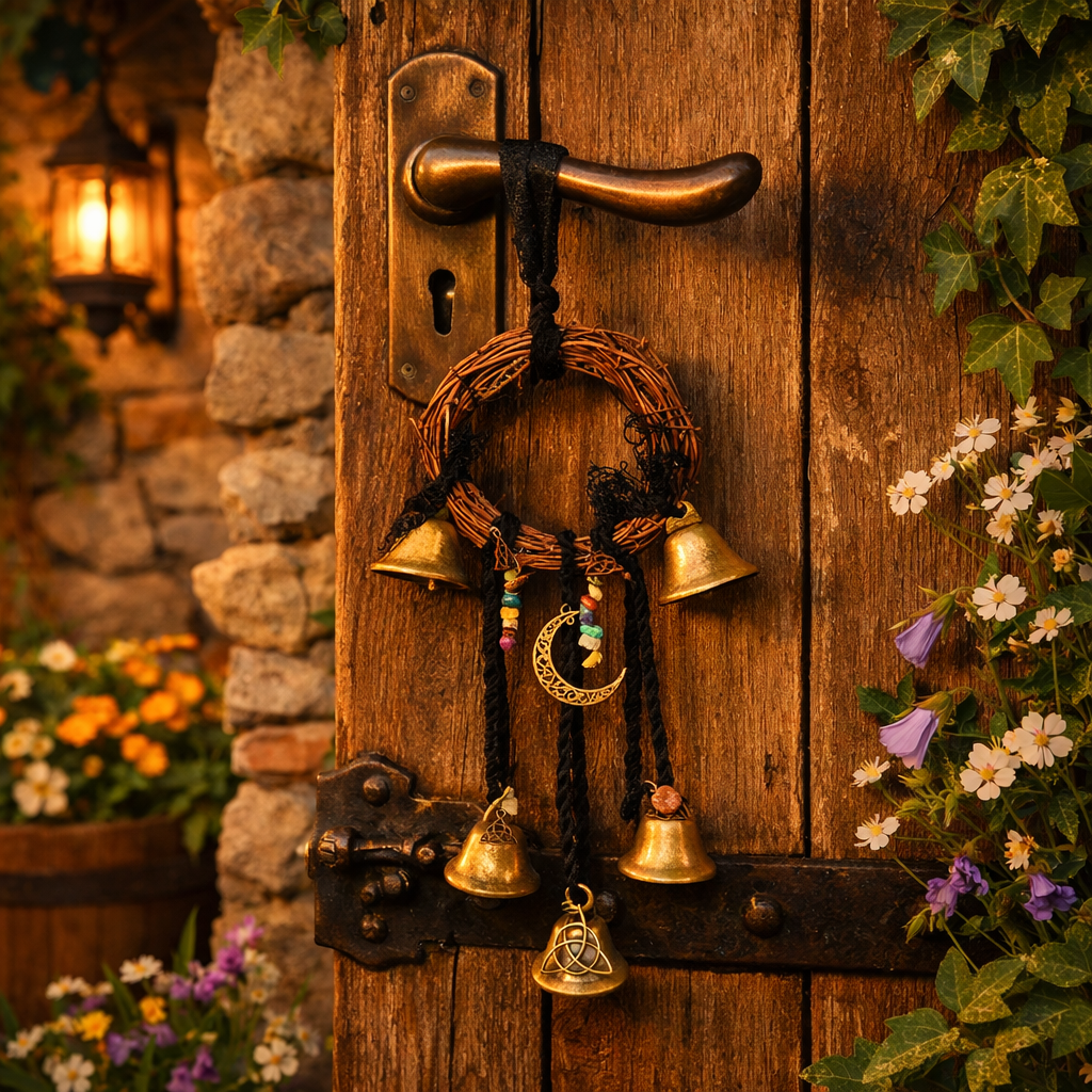 Round rattan witch bells hanging ornament with gemstones and charms