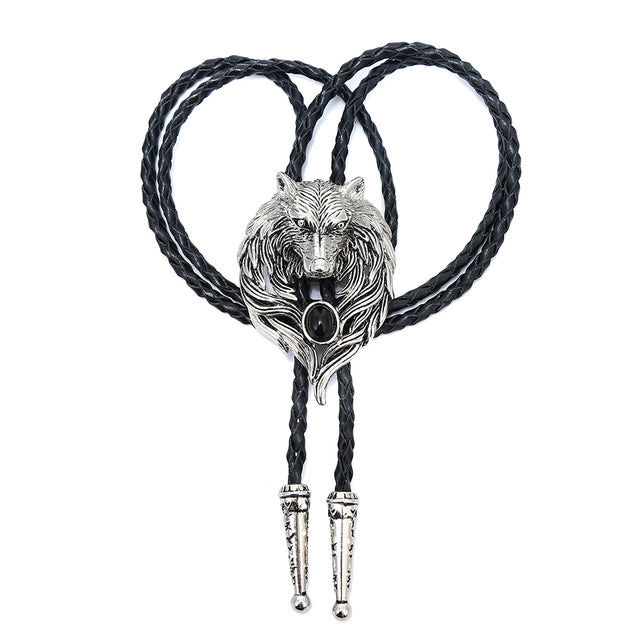 Wolf head Necktie with natural agate on a leather collar rope