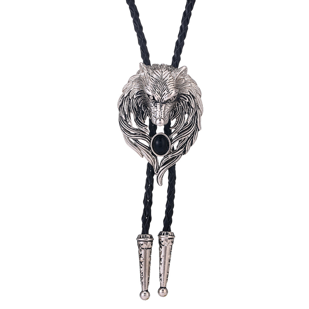 Wolf head Necktie with natural agate on a leather collar rope