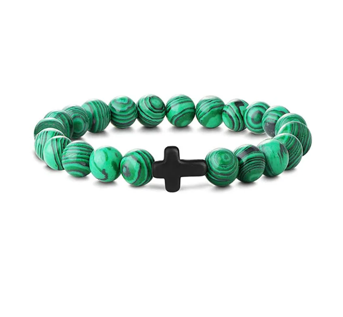 Green/Black beaded bracelet with black cross bead