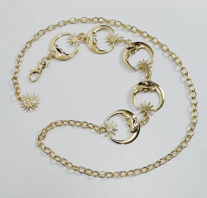 Celestial moon, star and sun silver chain belt