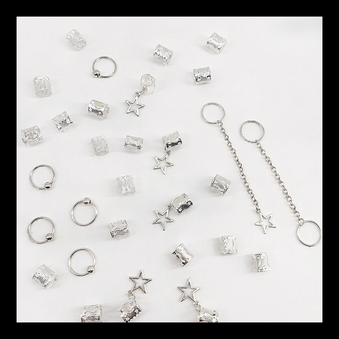 32pcs Silver Star Dreadlock & Braid Cuff Set – Celestial Hair Lock Jewellery