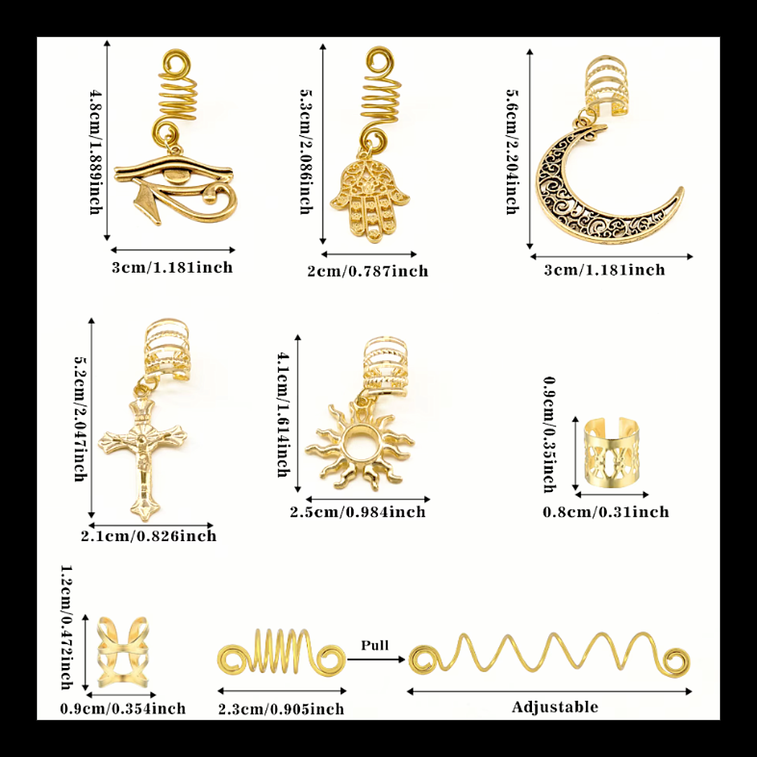 37pcs Gold Dreadlock & Braid Cuff Set – Celestial & Symbolic Hair Lock Jewellery