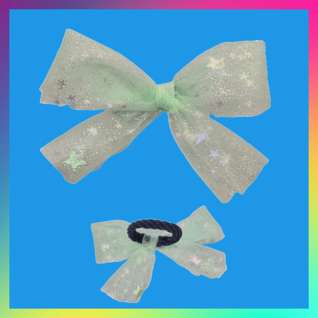 Handmade sparkly green starry ribbon bow bobble