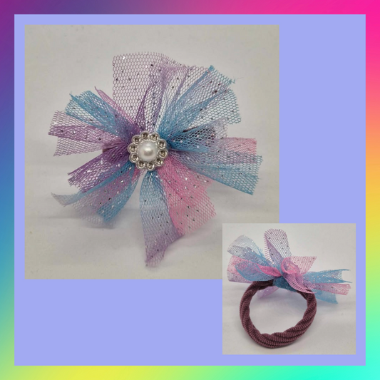 Handmade sparkly blue pink purple mesh ribbon flower bobble with gemmed faux pearl flower centre