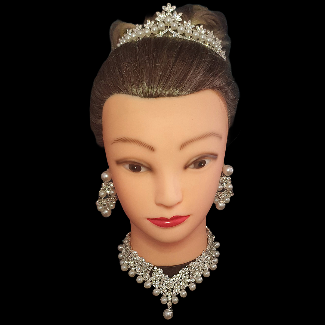 Faux pearl and crystal rhinestone tiara and matching jewellery set necklace and earrings
