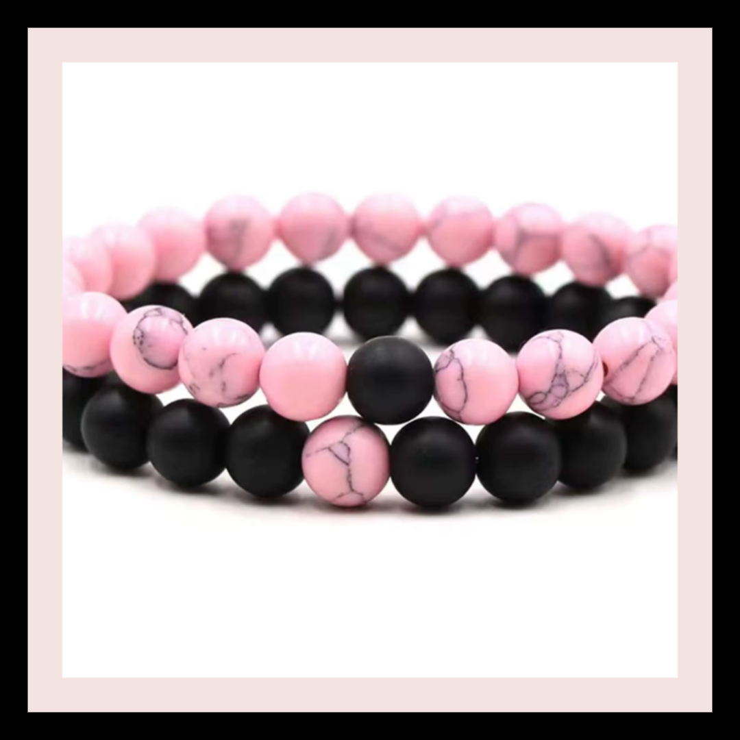 Pink and black bead bracelet set of two