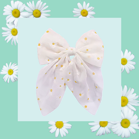 Daisy flower mesh ribbon large hair bow clip