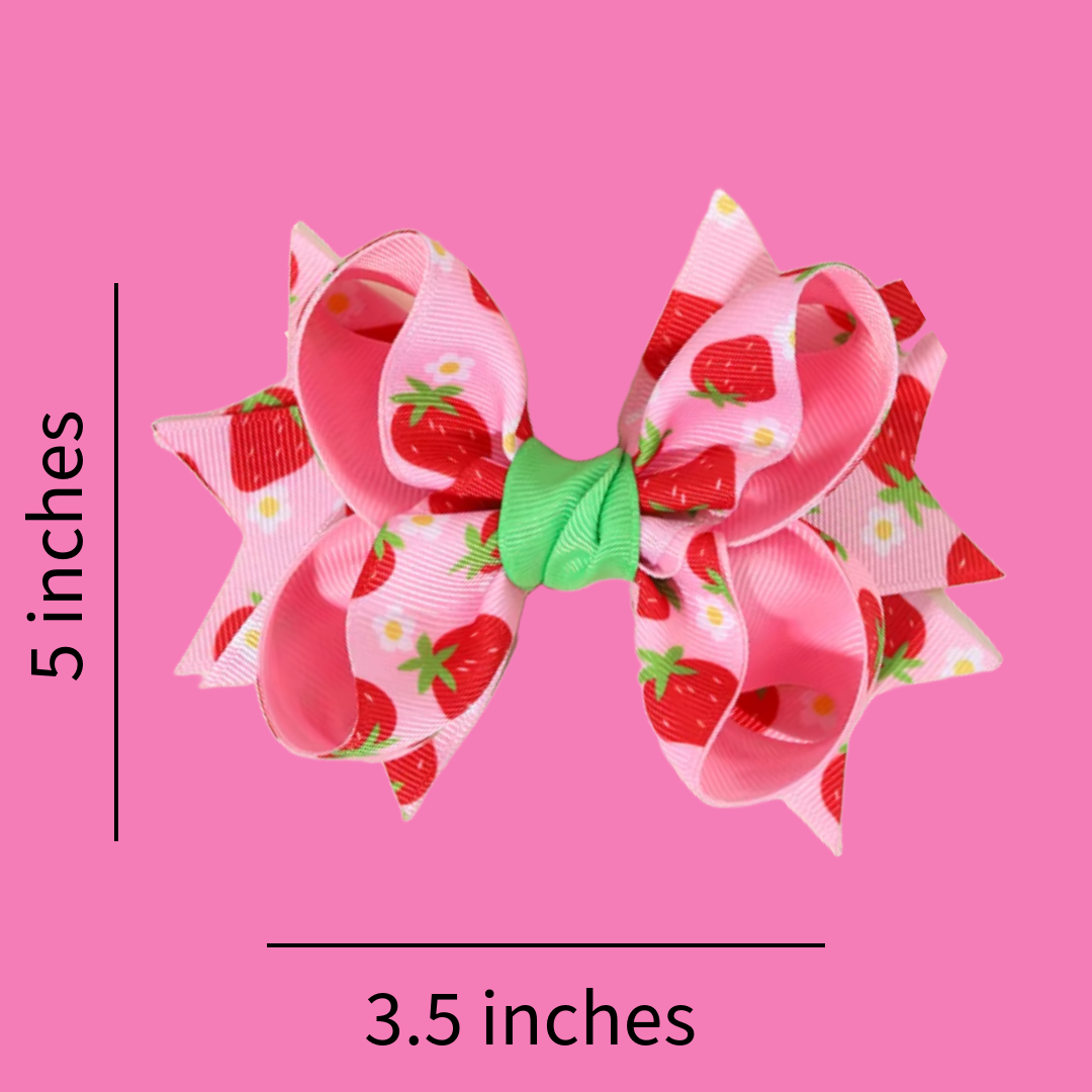 Strawberry bow, pink flower dangly clip and red/white pom pom clip set