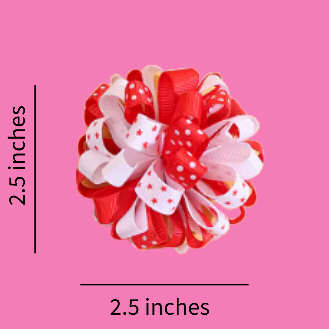 Strawberry bow, pink flower dangly clip and red/white pom pom clip set