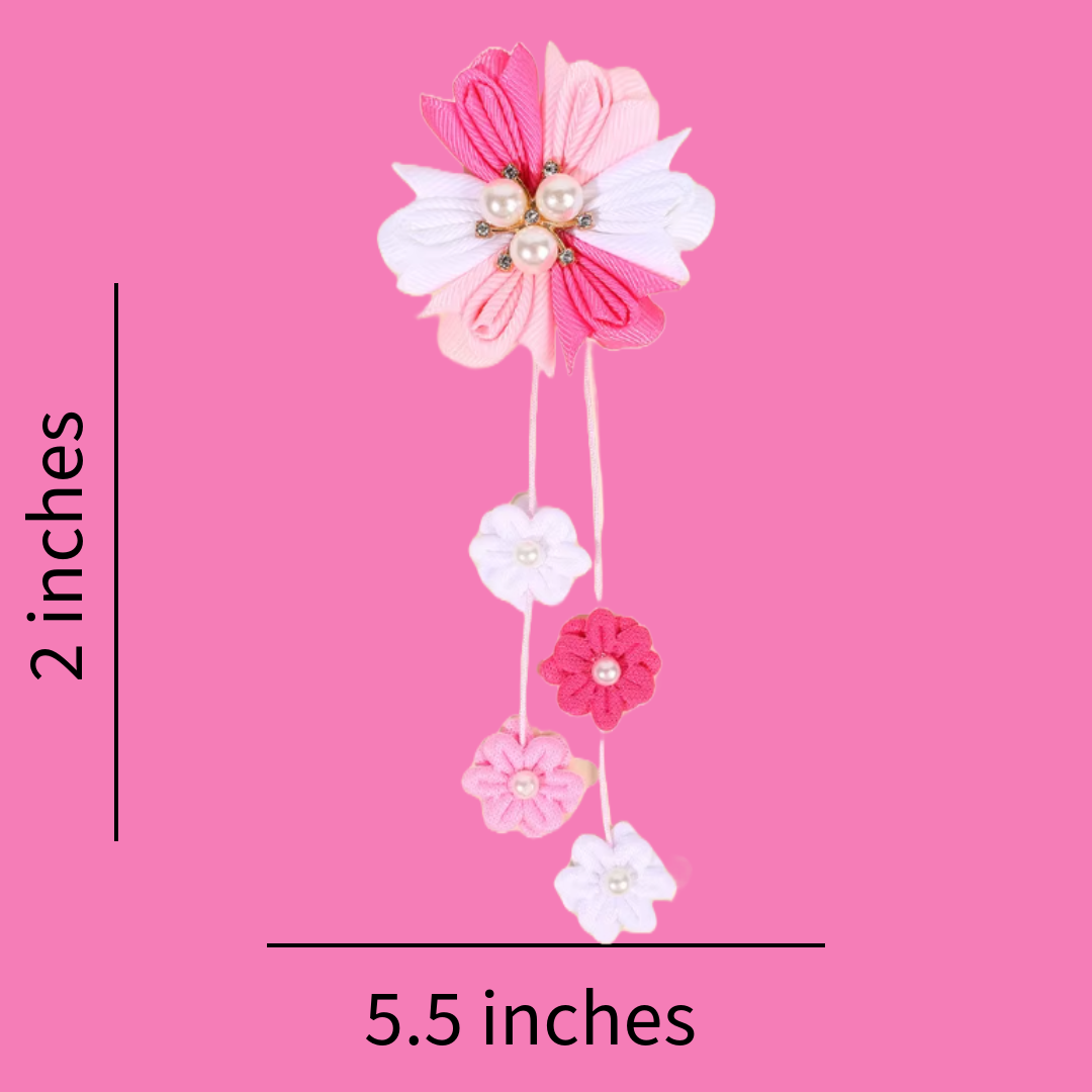Strawberry bow, pink flower dangly clip and red/white pom pom clip set