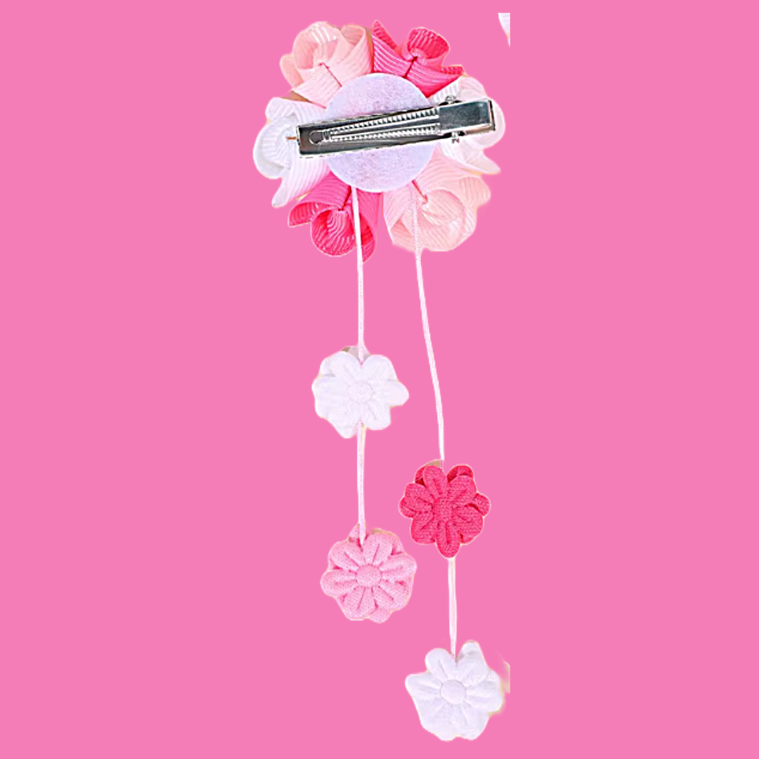 Strawberry bow, pink flower dangly clip and red/white pom pom clip set