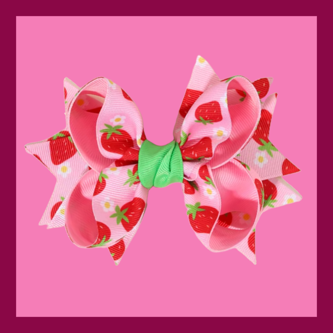 Strawberry bow, pink flower dangly clip and red/white pom pom clip set