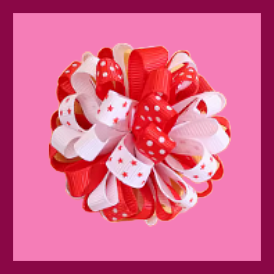 Strawberry bow, pink flower dangly clip and red/white pom pom clip set