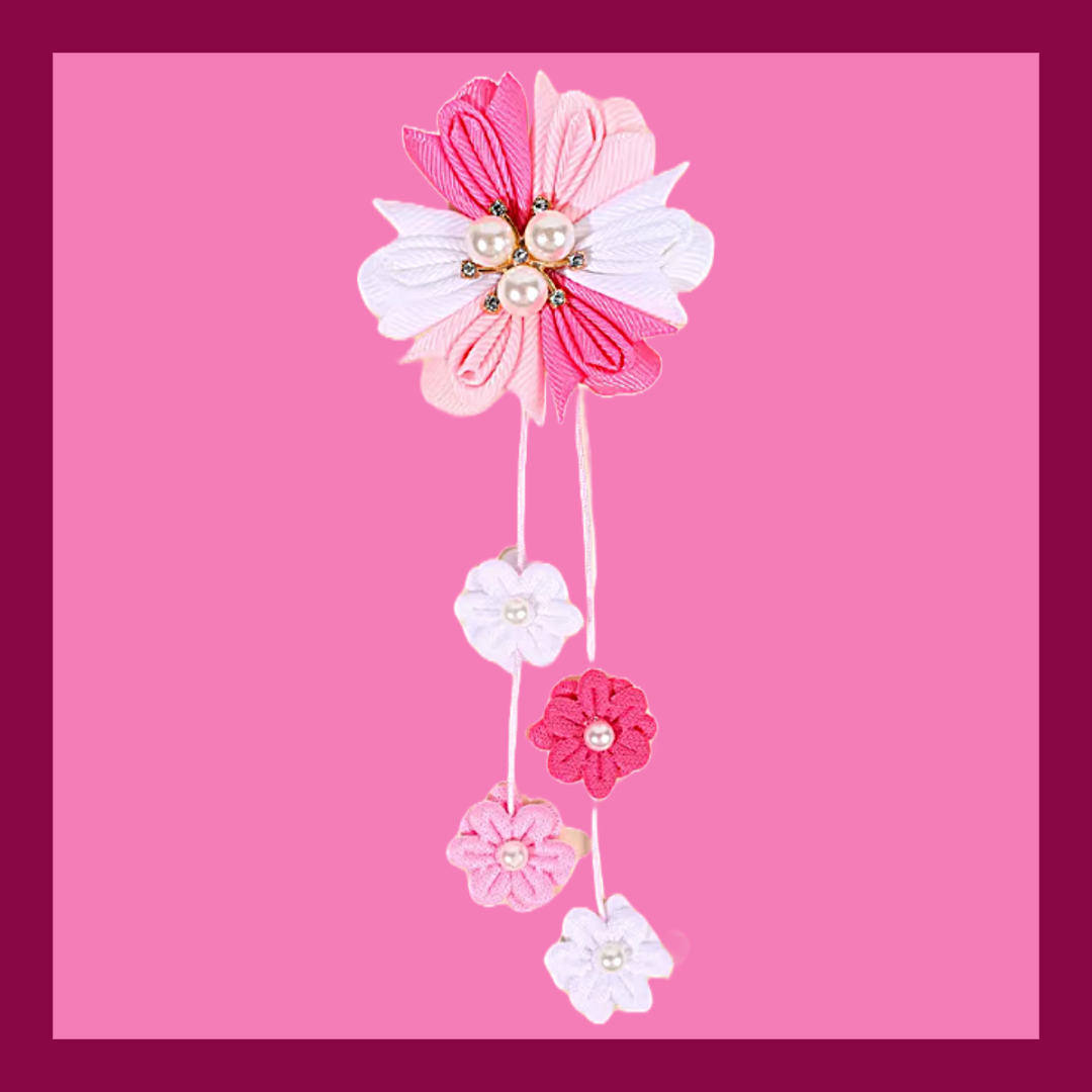 Strawberry bow, pink flower dangly clip and red/white pom pom clip set