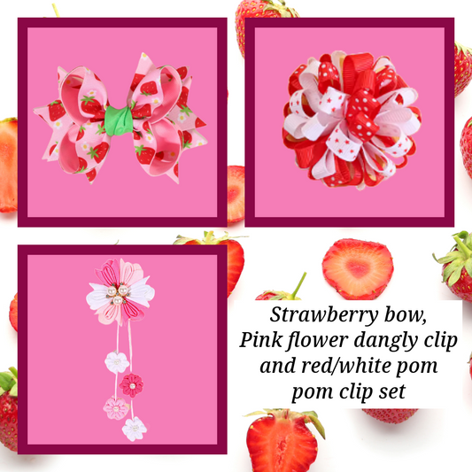 Strawberry bow, pink flower dangly clip and red/white pom pom clip set