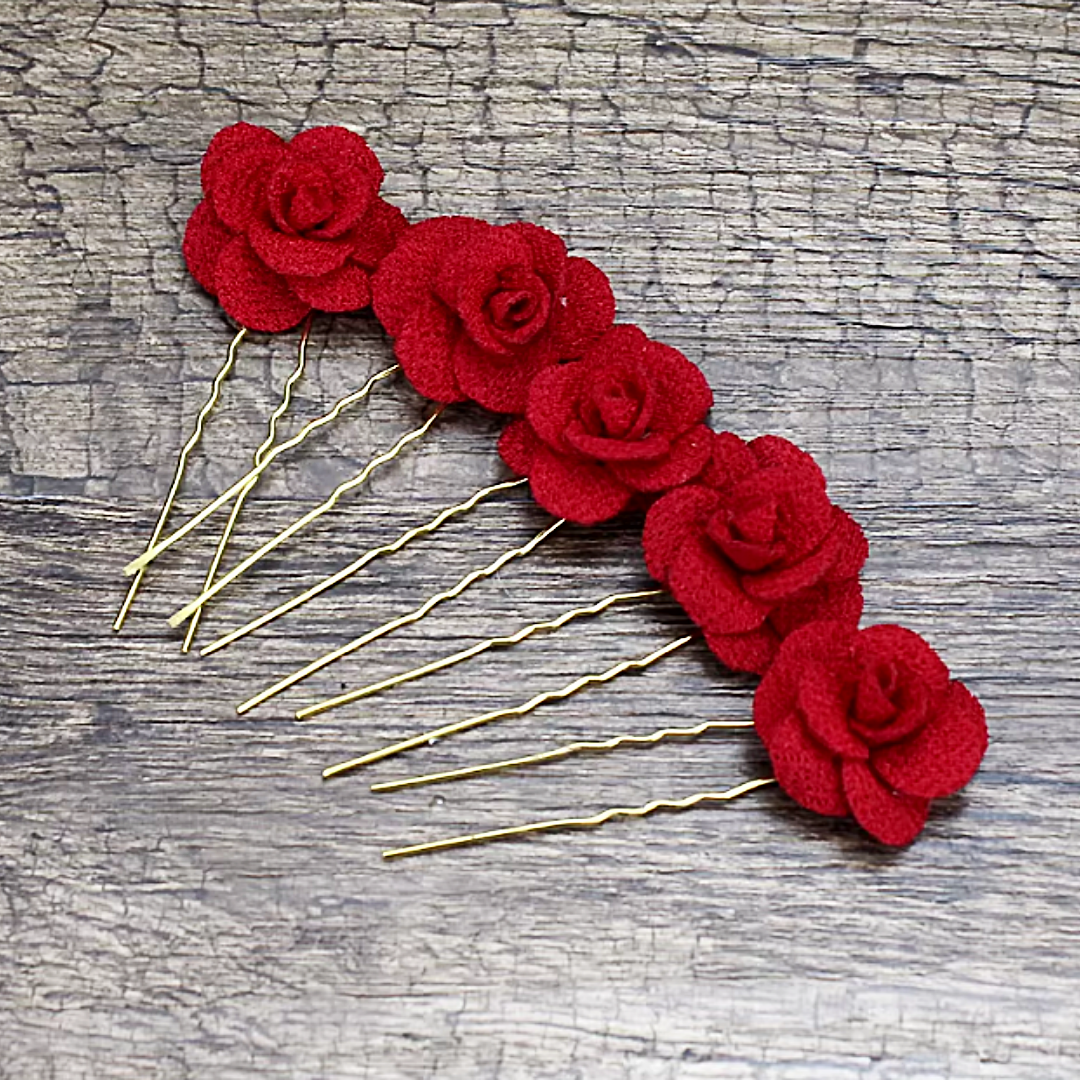 Material red rose hair pins for bridal weddings proms pageant