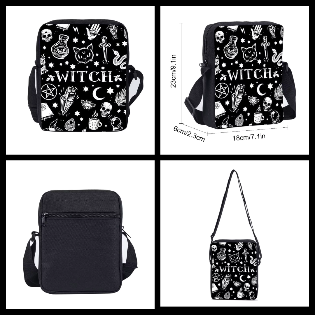 Witch black and white cat potion gothic messenger bag