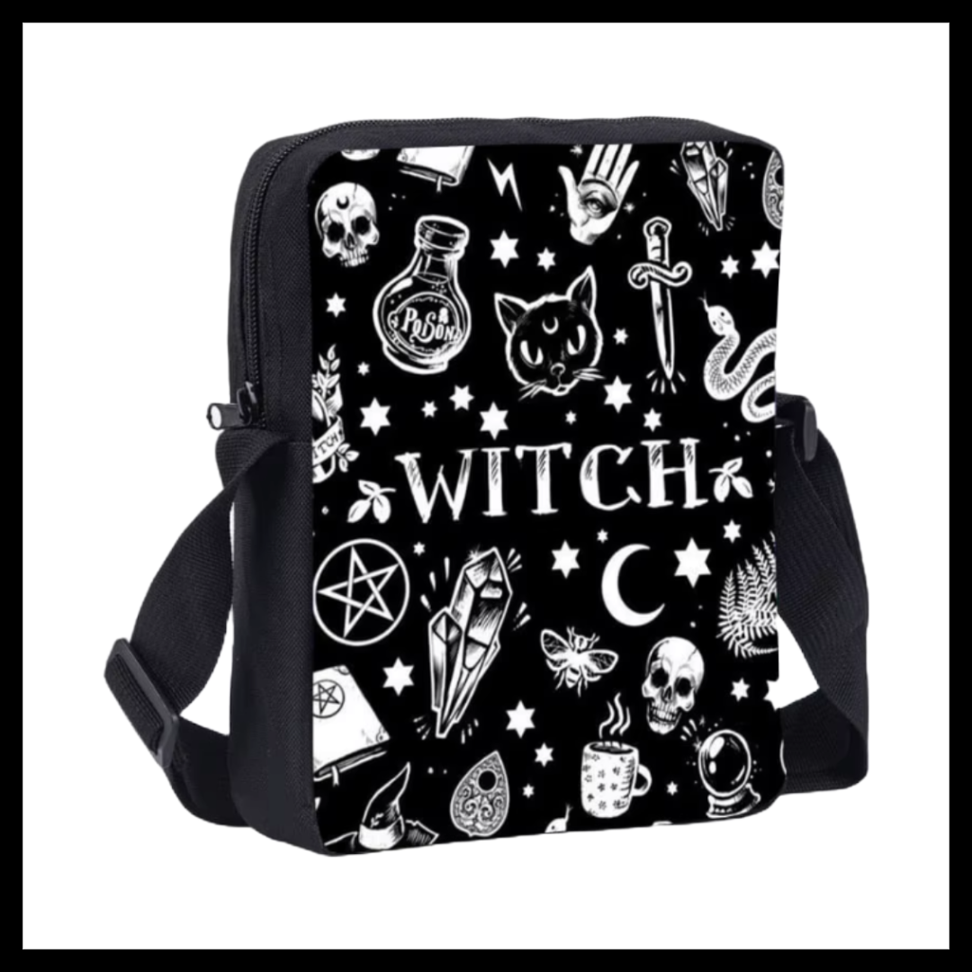 Witch black and white cat potion gothic messenger bag