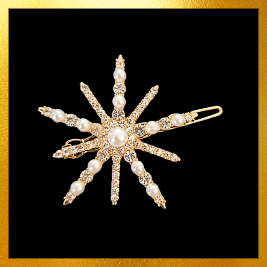 Golden rhinestone and pearl star hair clip slide