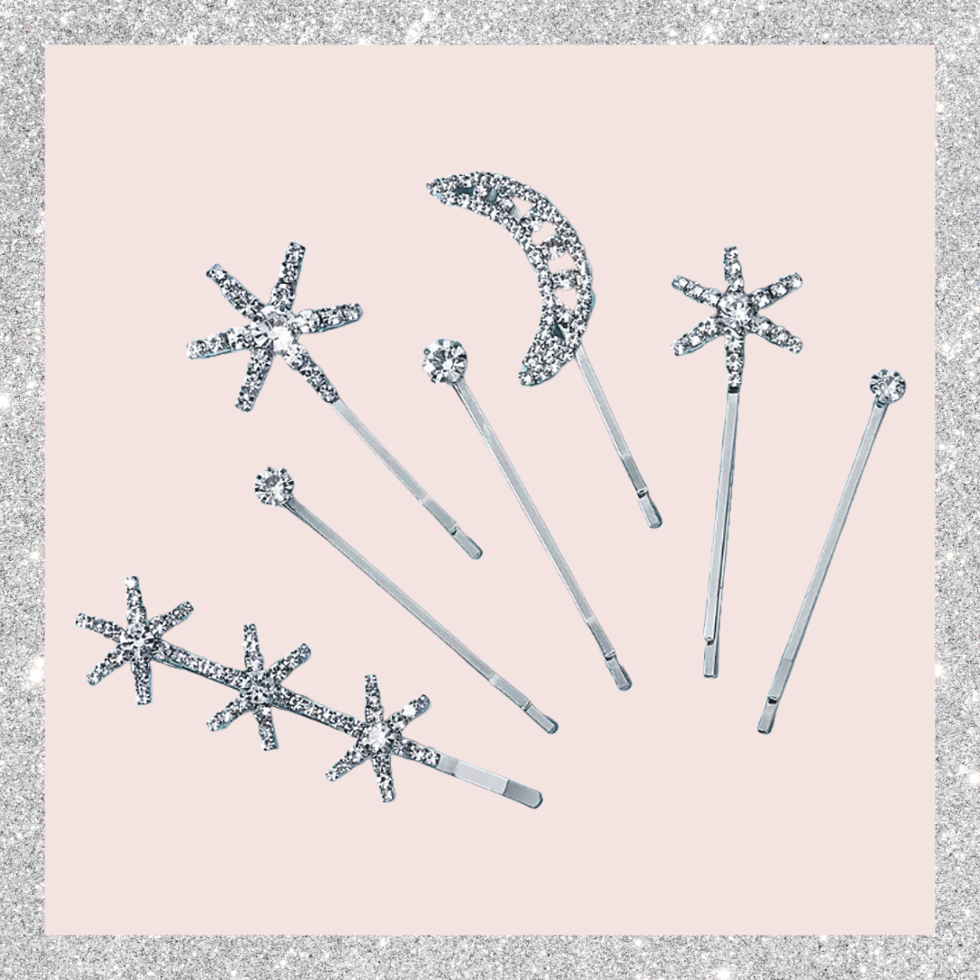 Celestial star and moon rhinestone silver bridal party hair updo slides seven piece set