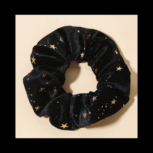 Gold stary celestial black velvet hair scrunchie