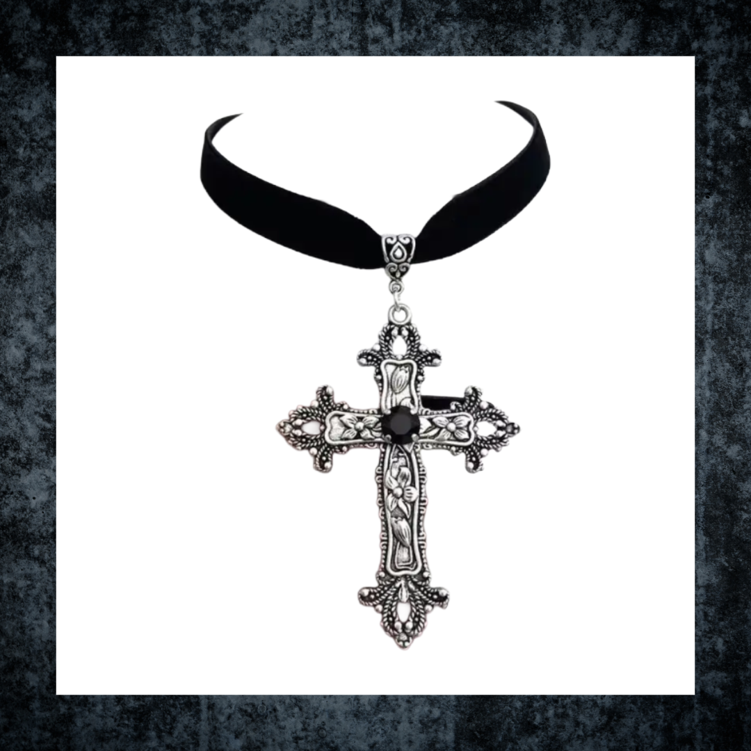Classic Gothic Large Cross Pendant On Black Velvet Choker – Pixie Classic Gothic Large Cross Pendant On Black Velvet Choker – Pixie
