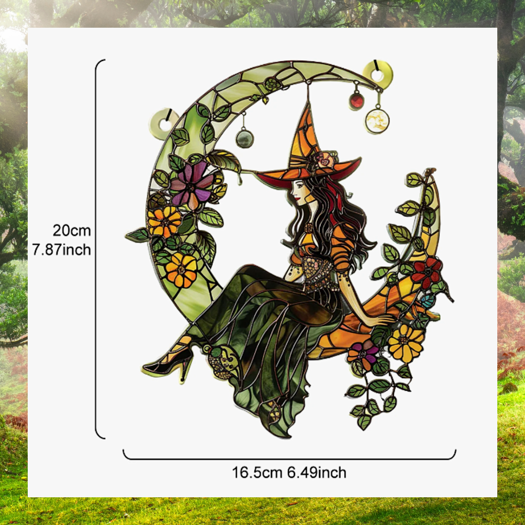 Acrylic Witch on Floral Crescent Moon Suncatcher Hanging Window Wall Plaque Ornaments for Home & Garden