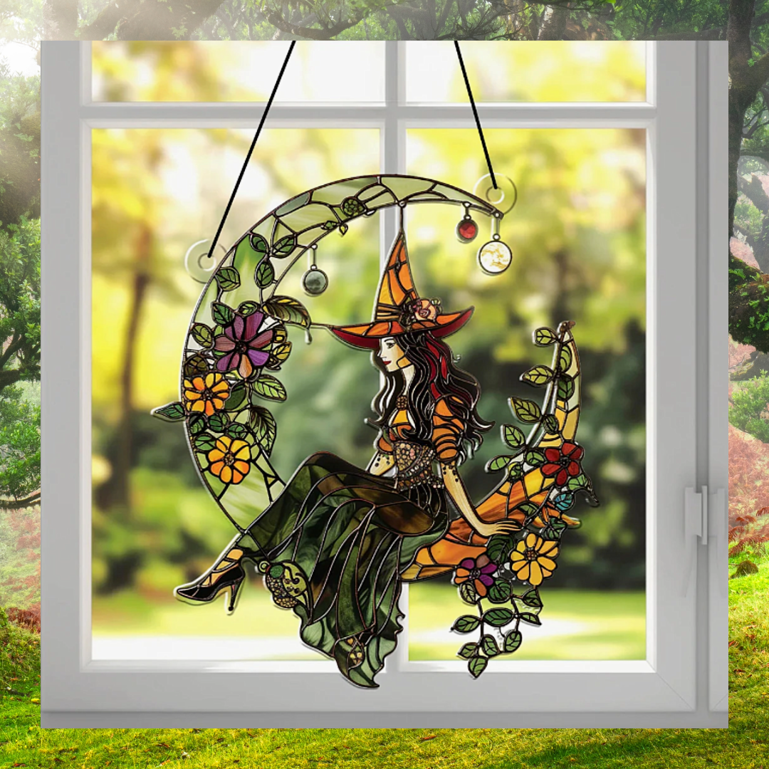 Acrylic Witch on Floral Crescent Moon Suncatcher Hanging Window Wall Plaque Ornaments for Home & Garden