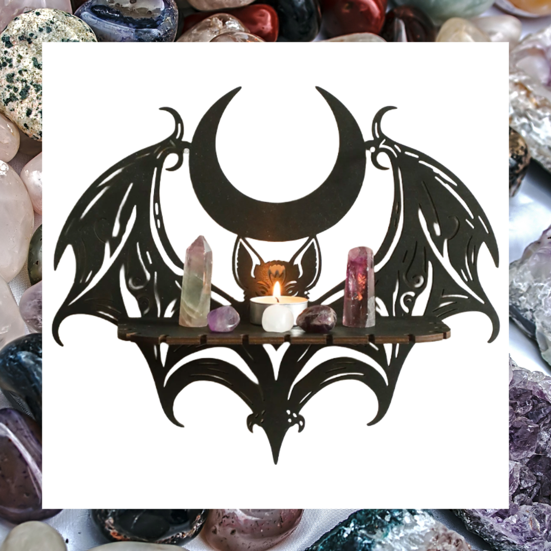 Black wooden winged bat and crescent moon crystal wall mount shelf