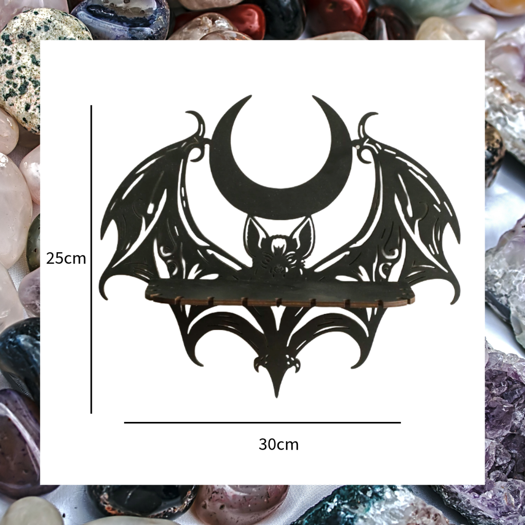 Black wooden winged bat and crescent moon crystal wall mount shelf