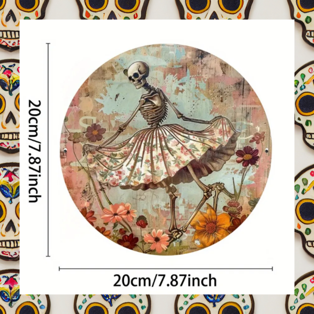 Skeleton in floral skirt in a flower field Metal wall art plaque