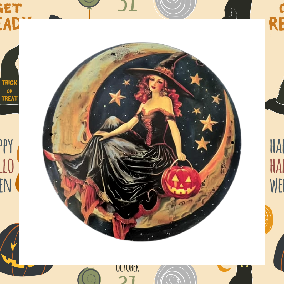 Witch Sitting On Crescent Moon Surrounded By Stars Holding a Jack O Lantern Pumpkin 8X8" Round Aluminium Wall Art Décor