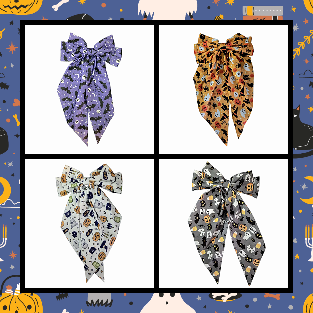Large silky Halloween Design Bat Witch Ghost Pumpkin Spider Web Bones Skull Skeleton Print Hair Bows Barrette Clips