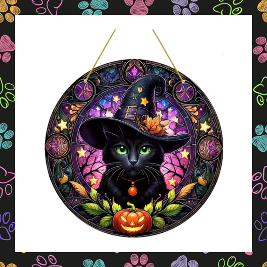 Witches black cat pumpkin autumnal design acrylic hanging window wall plaque