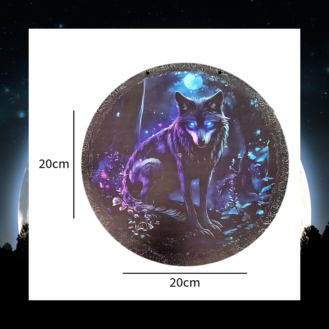 Mysterious wolf sat in a moonlit forest 2D flat round wooden sign for home and office decoration