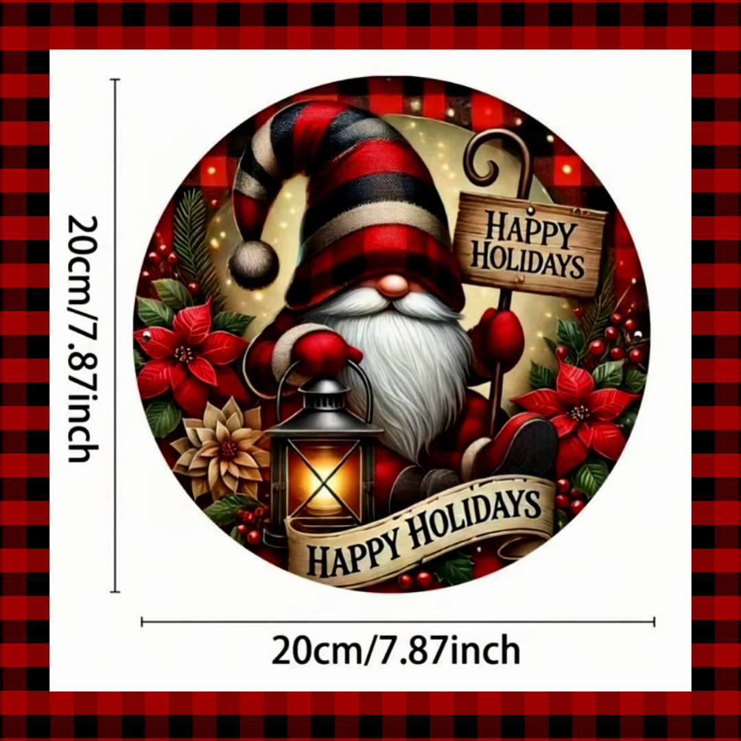 Gnome Gonk Christmas Wreath Sign Happy Holidays Flat Metal Wall Plaque for Home Garden Seasonal Holiday Décor