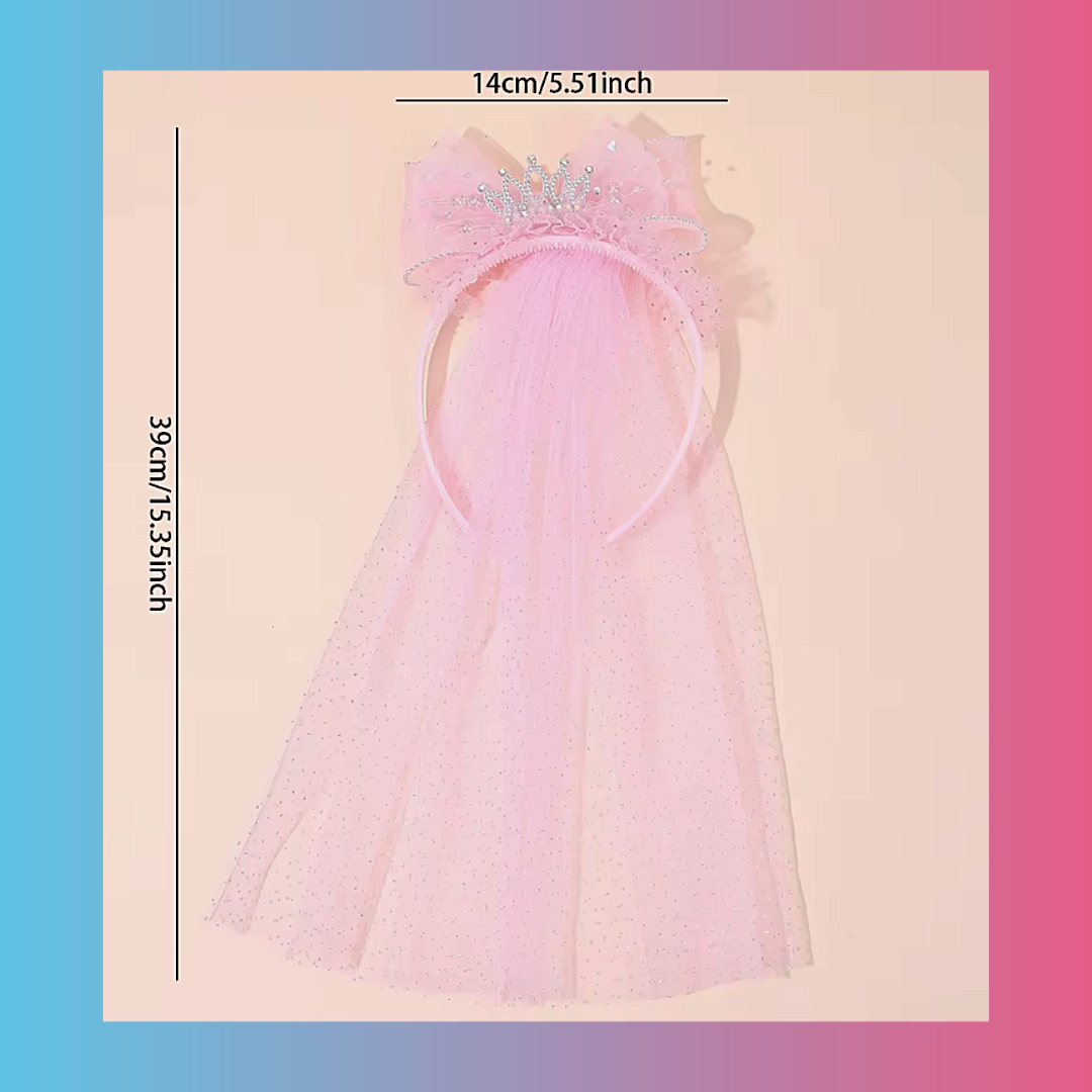 Cute Pink Princess Veil Headband With Large Mesh Ribbon Bow And Crown For Birthday Party Costume Hair Accessories