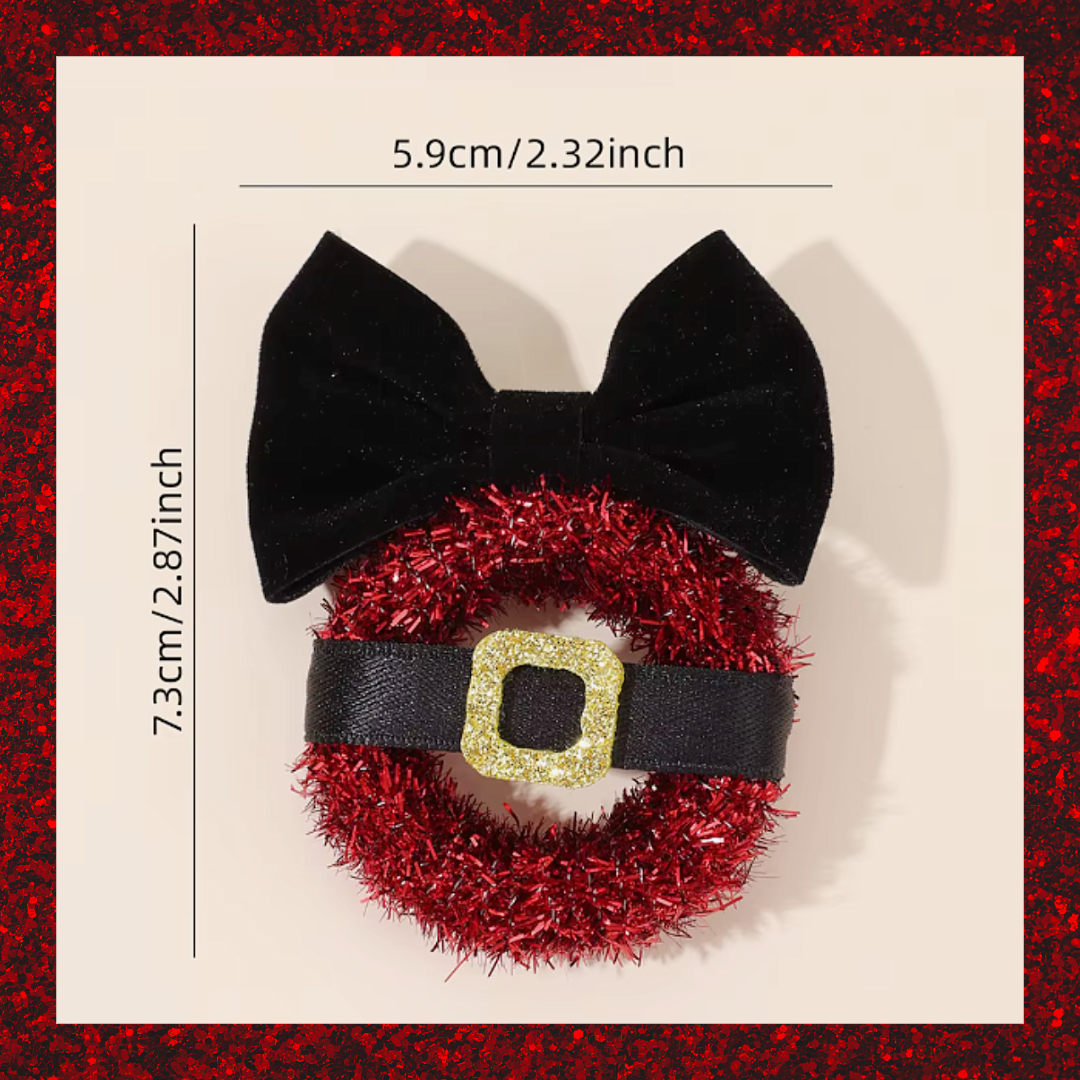 Red And Black Christmas Tinsel Santa's Belt Buckle And Bow Wreath Hair Clips