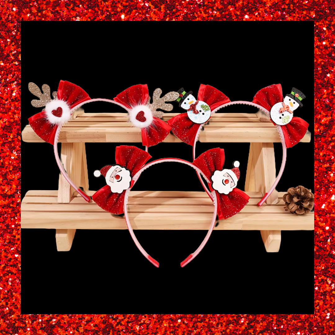 Christmas Themed Headbands Santa Snowman Fluffy Hearts Glittery Gold Cute Reindeer Antlers With Red Sparkly Bow Non-slip Hair Bands