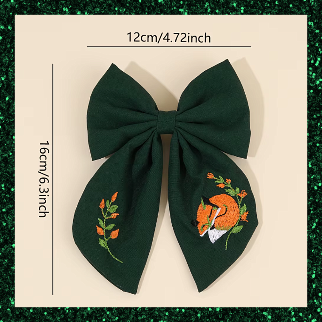 Large Green Ribbon Hair Bow Clips With Fox Embroidered Detail