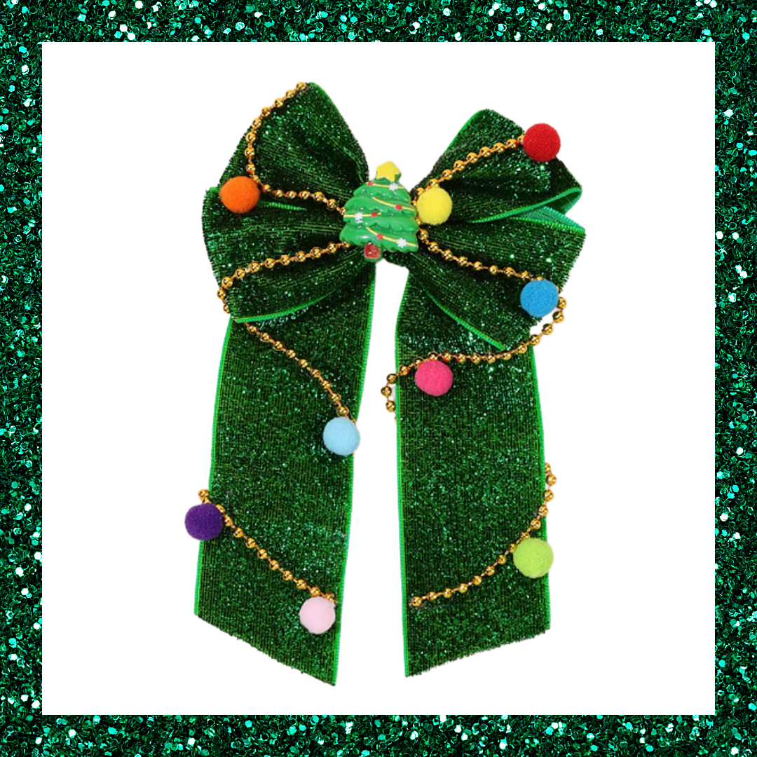 Christmas Tree Green Glittery Ribbon Bow Hair Clip With Colourful Pom Poms