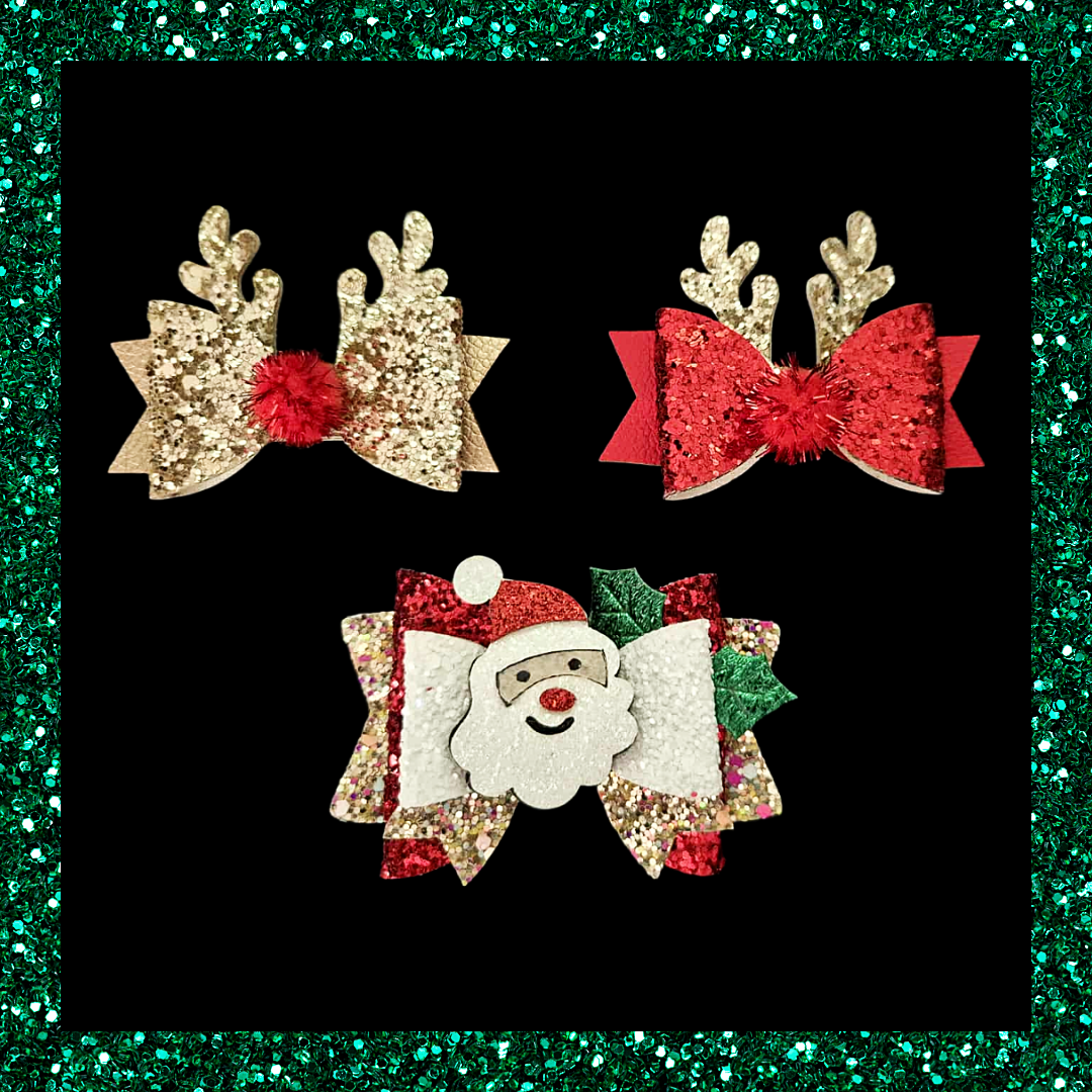 Sparkly Santa Father Christmas and Reindeer Horn Festive Christmas Hair Bow Clip Trio Set