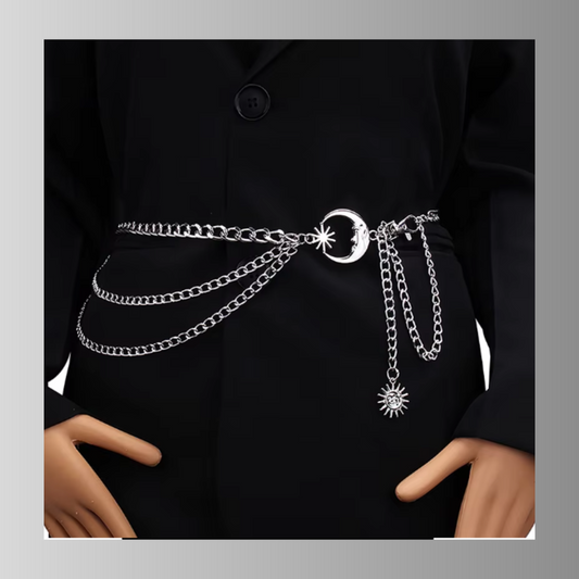 Celestial moon and sun silver chain belt