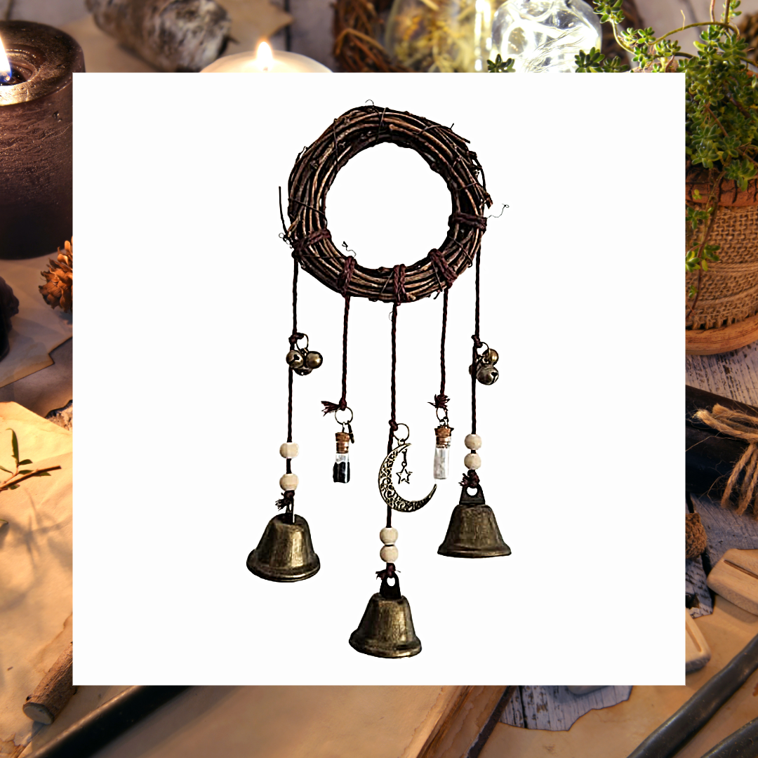 Round rattan witch bells hanging ornament with charms and gem potion bottles