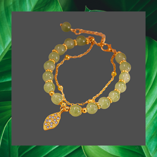 Green Jade Bead and golden rhinestone leaf bracelet