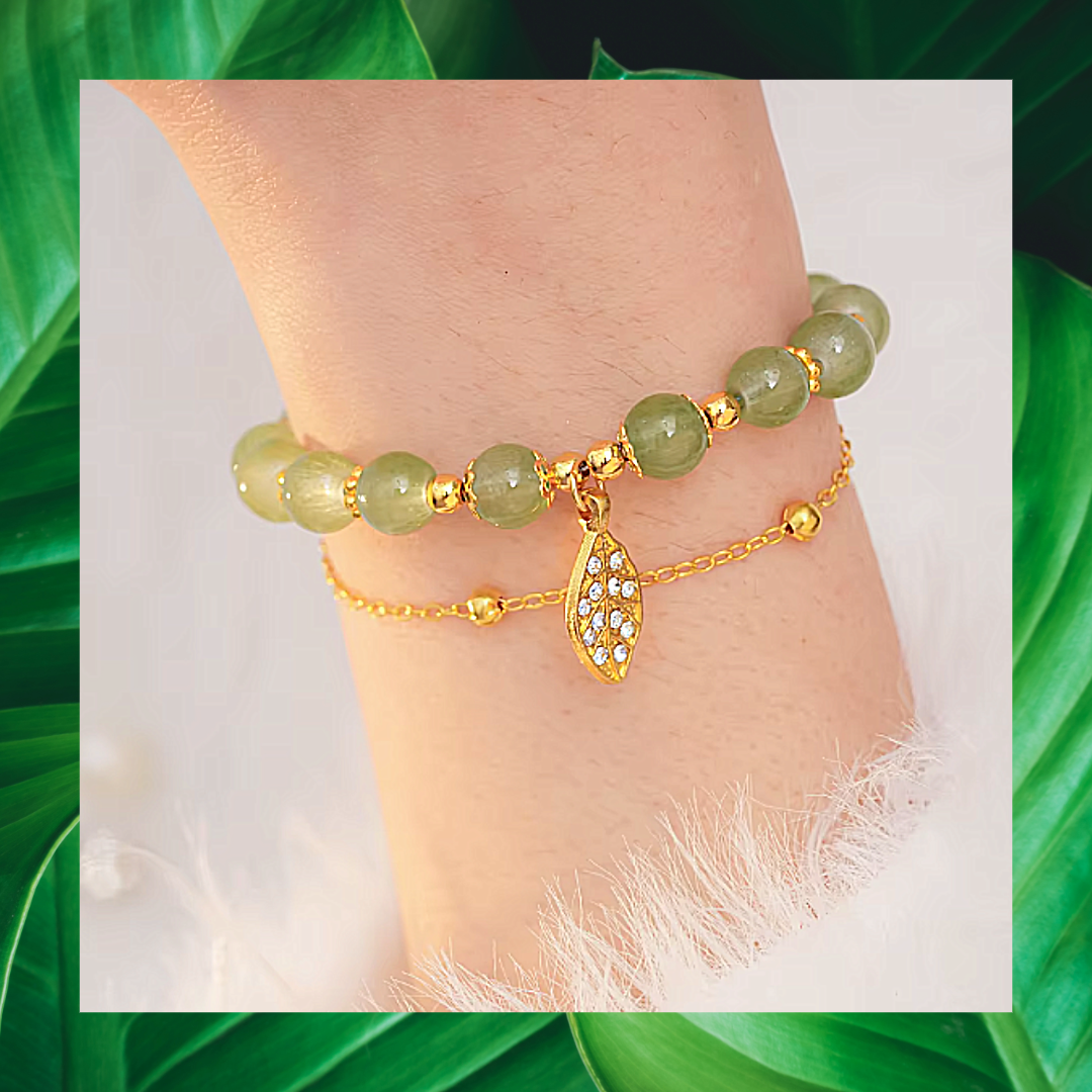 Green Jade Bead and golden rhinestone leaf bracelet