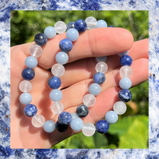 Clear Quartz Angel Stone and Sodalite Crystal Gemstone Bead Bracelet